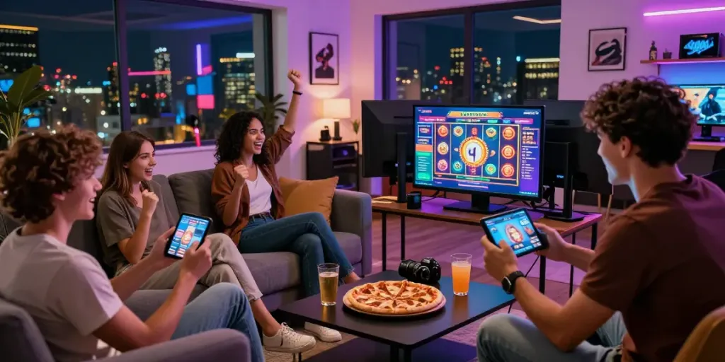 Group of friends enjoying a gaming night on hotwin88, celebrating wins in a cozy living room.