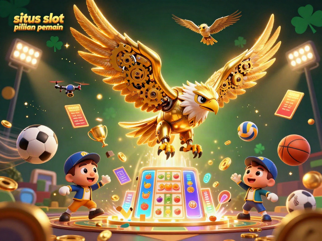 Visualisasi menarik situs slot pilihan pemain yang dipenuhi dengan simbol permainan, kartu, dan trofi.