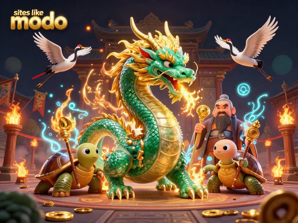 Engage in thrilling gameplay on sites like modo with a dynamic casino scene featuring mythical creatures.