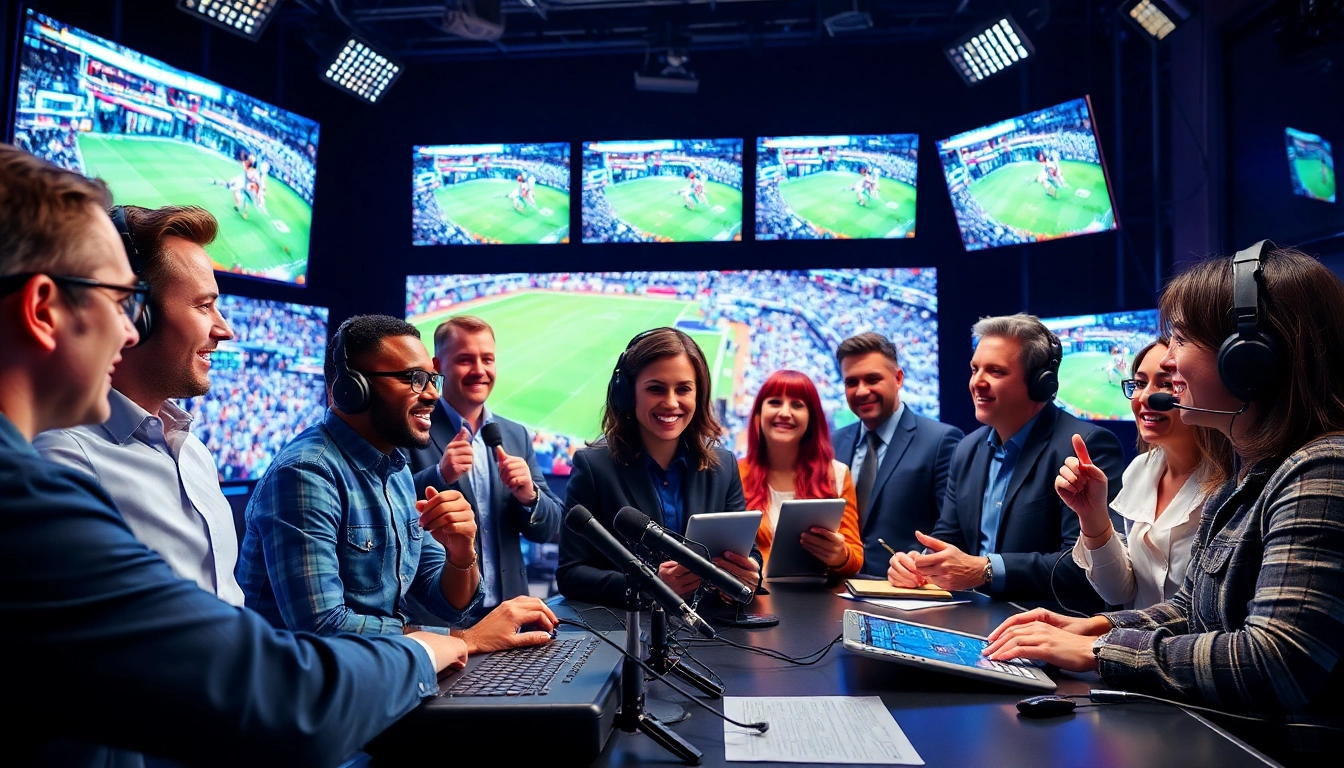 Dynamic scene of sports broadcasting with commentators engaged in live discussions.