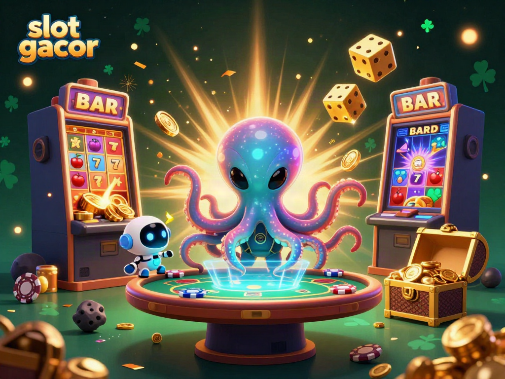 Experience the thrill of slot gacor with an alien octopus at a vibrant casino scene.