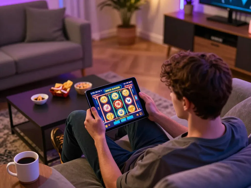 Engaging gameplay of slots not on Gamstop on a tablet, user enjoying the moment in cozy home setting.