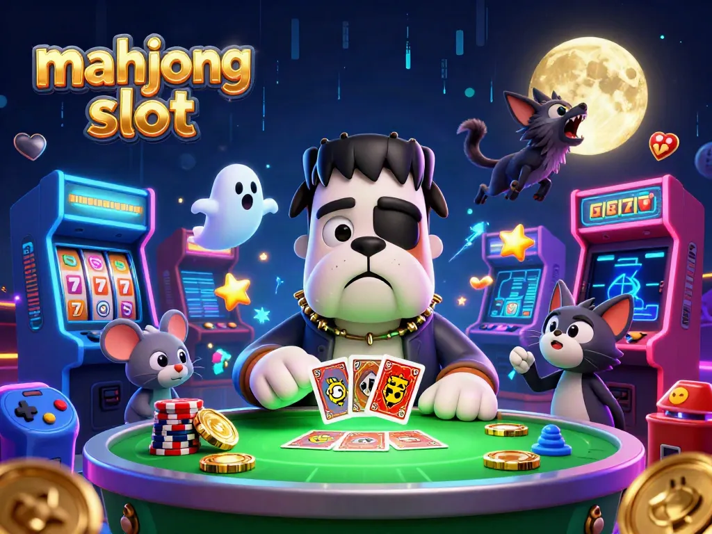 Engaging scene of mahjong slot characters dealing cards at a casino table with vibrant, glowing arcade elements