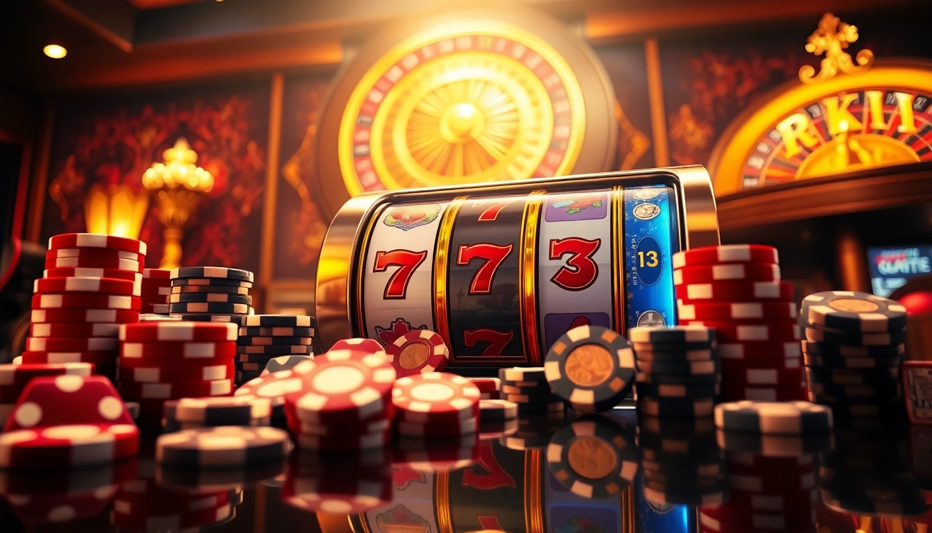 Experience bk8 สล็อต excitement with a vibrant scene of a luxurious slot machine and casino elements.