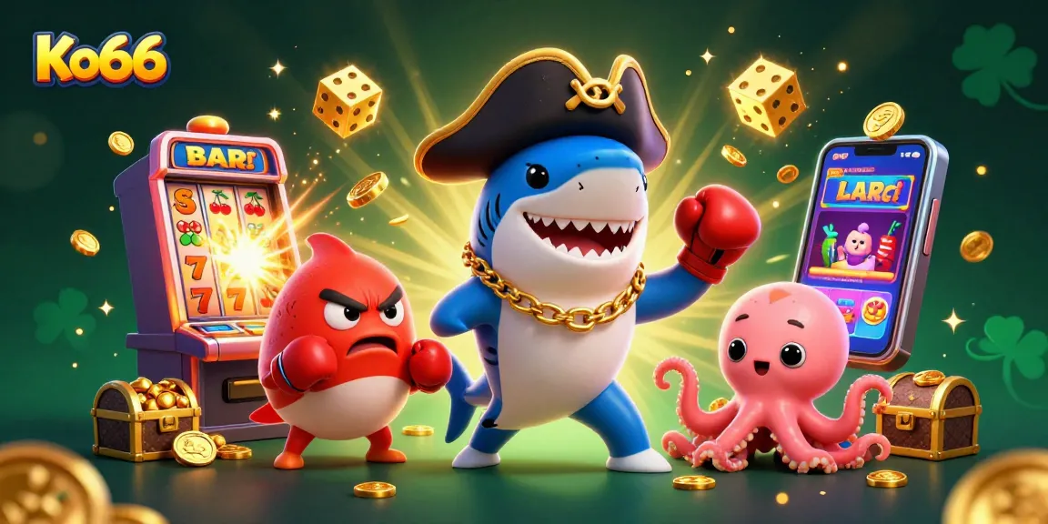 Engage in thrilling gameplay at Ko66 with a cartoon shark, coins, and a dynamic casino backdrop.