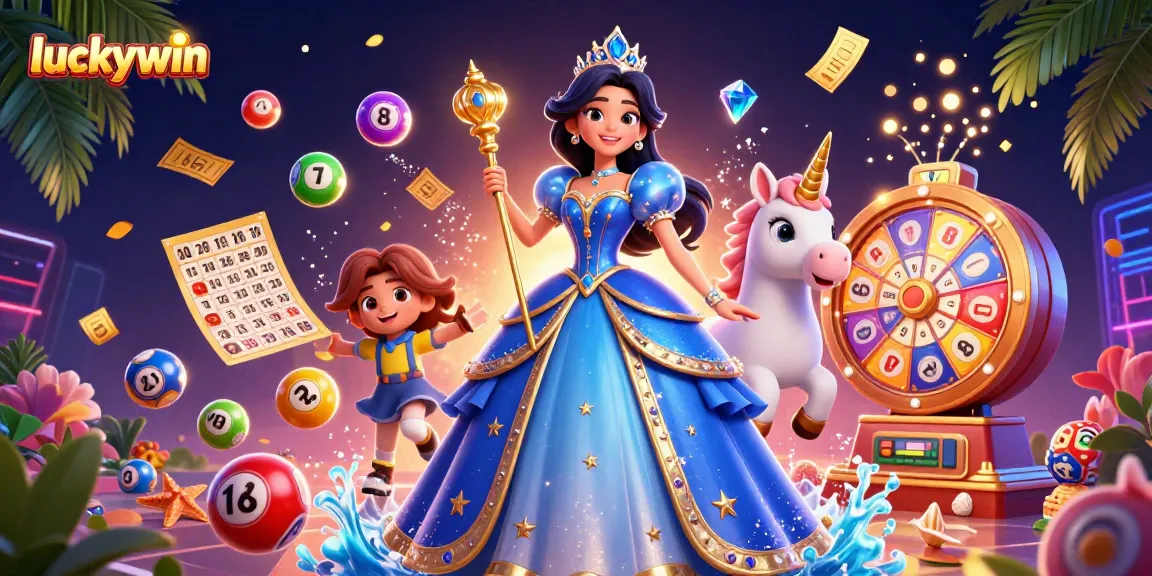 Win big with luckywin at the vibrant casino, surrounded by sparkling elements and games.