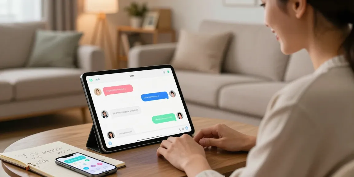Engaging conversation with crush on ai chatbot on tablet, cozy living room.