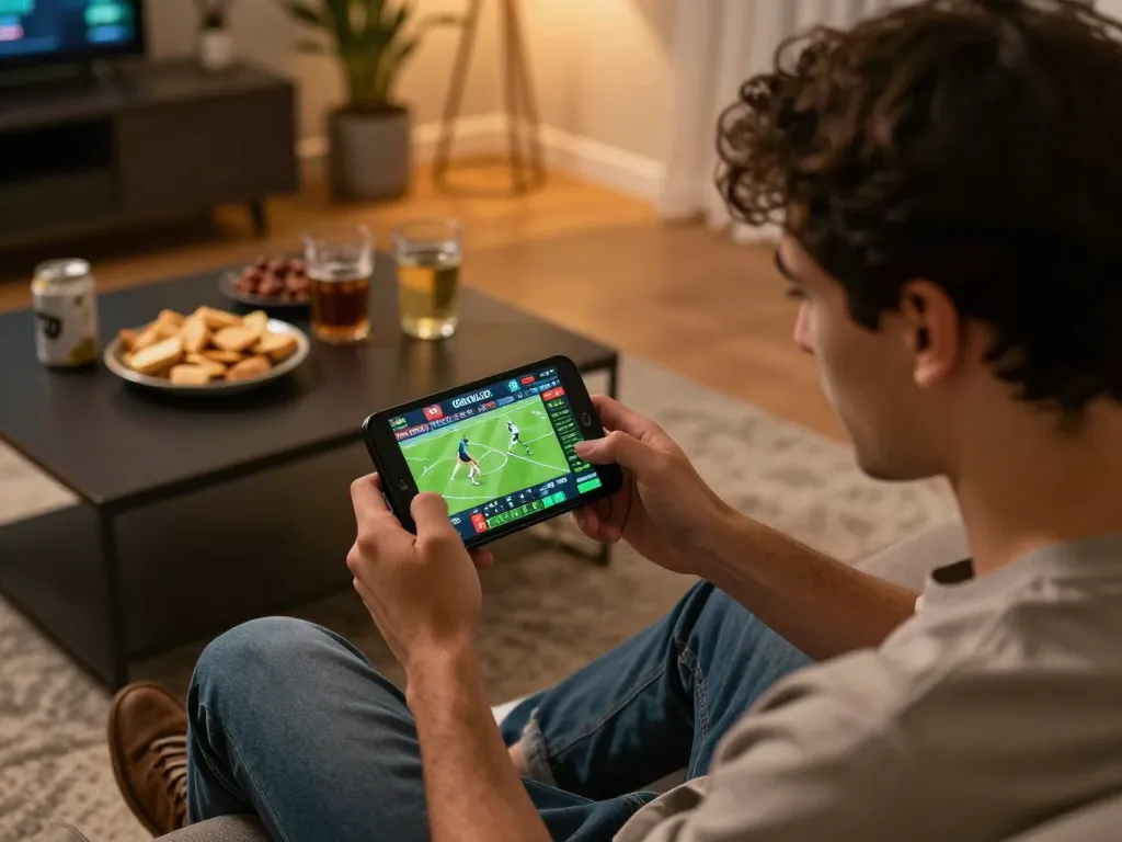 Engaged user on trang chủ 88aa placing sports bets on smartphone with live odds in cozy setting.