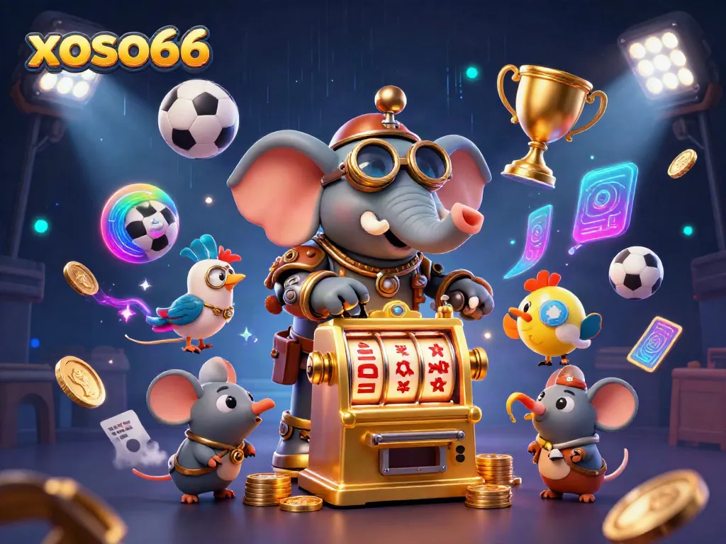 Engage with xoso66 as a steampunk elephant operates a golden slot machine amidst vibrant casino elements.