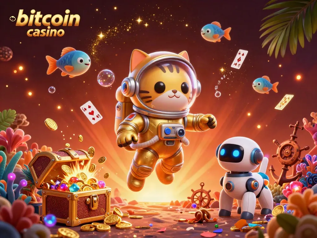 Engage with the unique bitcoin casino scene featuring a floating astronaut cat with a robot dog amidst vibrant underwater treasures.
