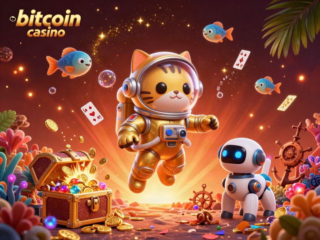 Engage with the unique bitcoin casino scene featuring a floating astronaut cat with a robot dog amidst vibrant underwater treasures.