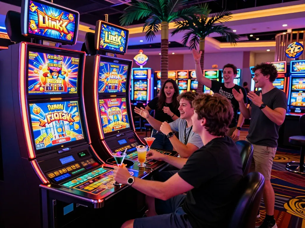 A thrilling link slot machine experience capturing friends celebrating wins in a vibrant casino setting with colorful lights.