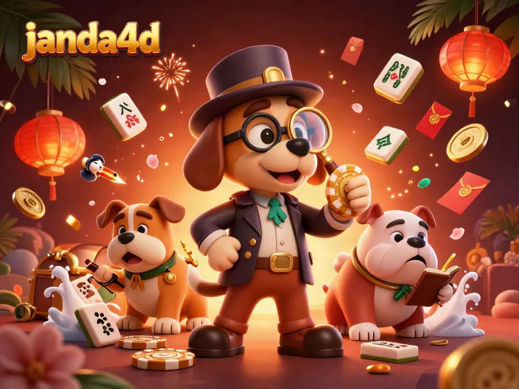 Janda4d menampilkan ilustrasi 3D yang memikat dengan detektif dan elemen kartu judi.
