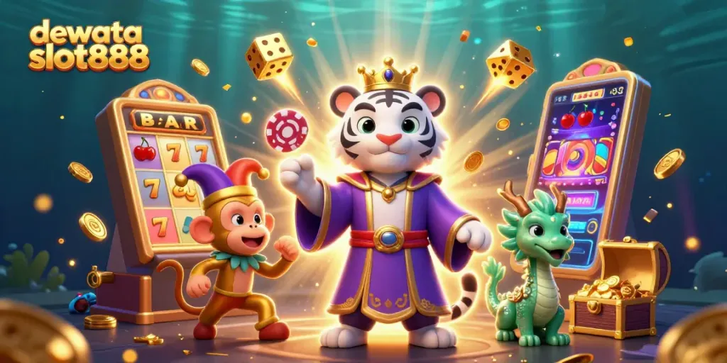 Memenangkan jackpot dengan dewata slot888, ilustrasi kasino modern penuh warna dan energi.