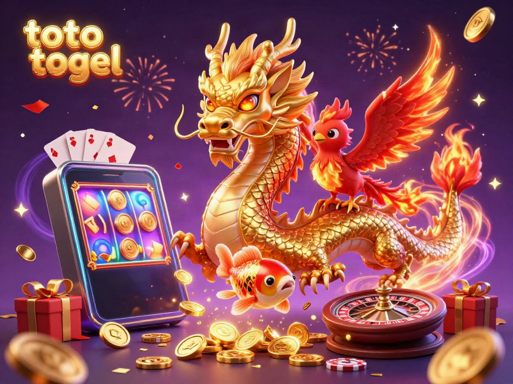 Experience thrilling gameplay with toto togel in a vibrant 3D casino scene featuring a dragon, phoenix, and koi fish.