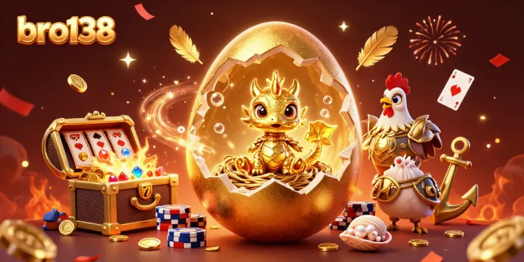 Experience the excitement of bro138 gaming with a vibrant 3D illustration of golden egg characters and casino elements.