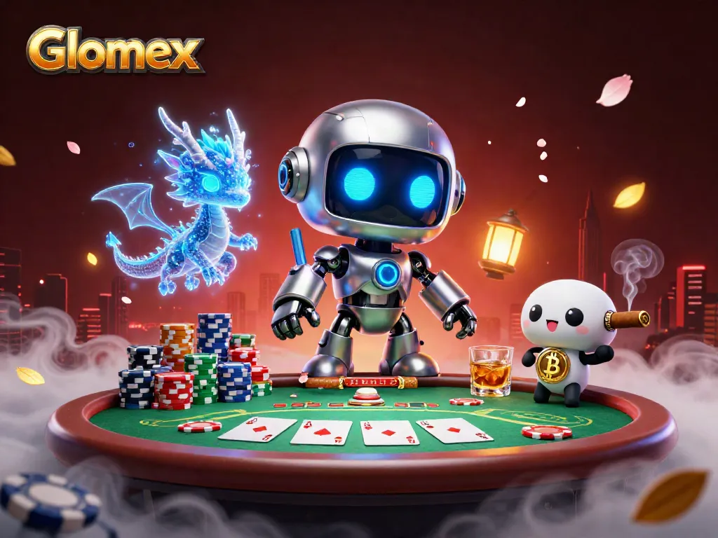 Engage in thrilling poker nights with Glomex's dynamic casino scene showcasing a robot mascot and poker elements.