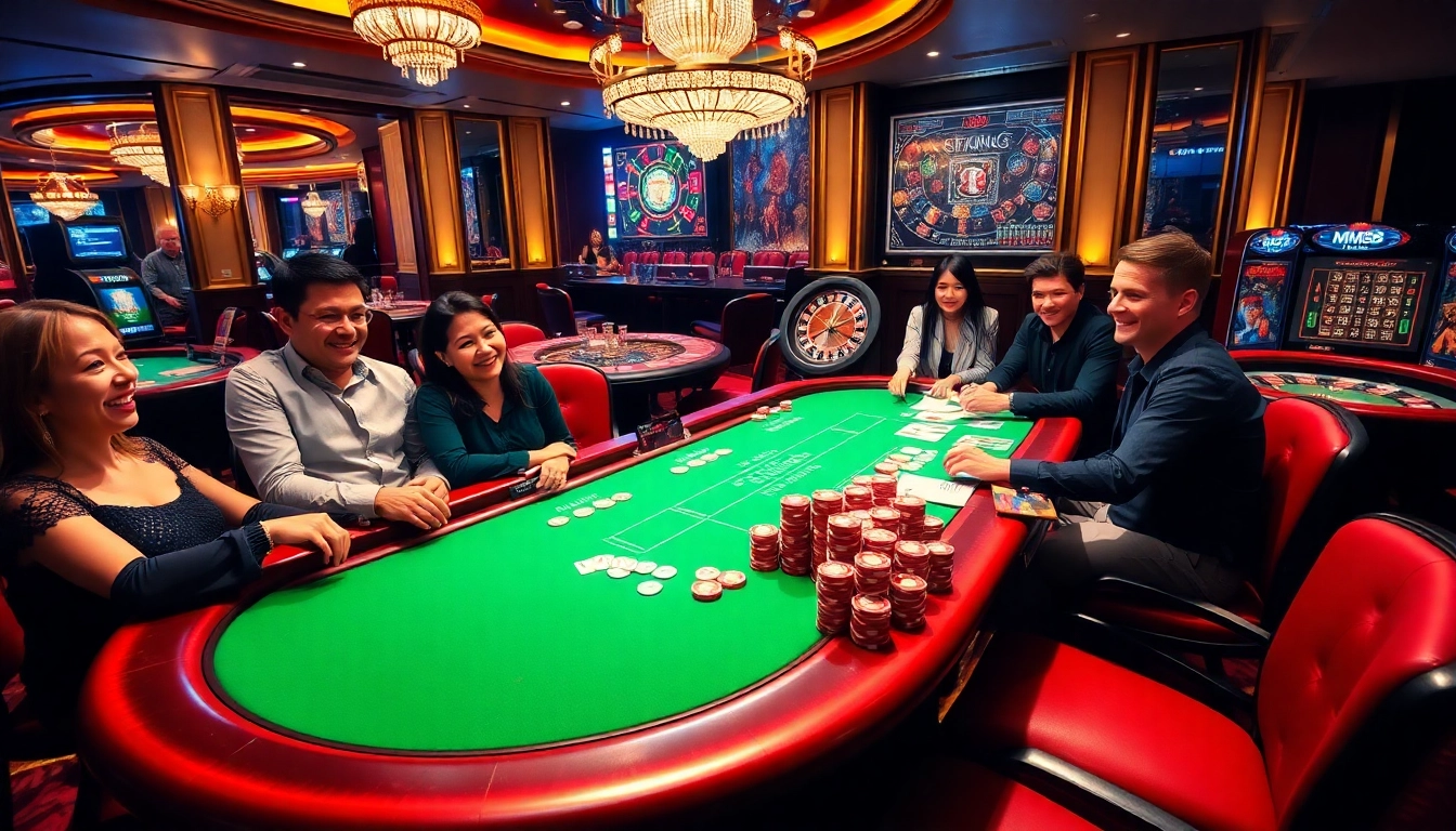 MM88 poker table in a luxurious casino setting with excited players.