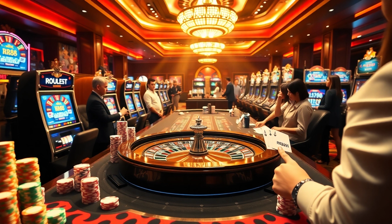 RR88-themed casino scene showcasing players enjoying roulette and slot machines