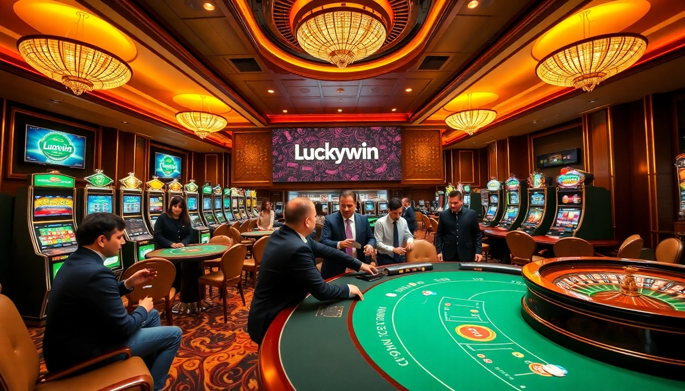 Join the excitement at a luxurious Luckywin casino with vibrant slot machines and a poker table.
