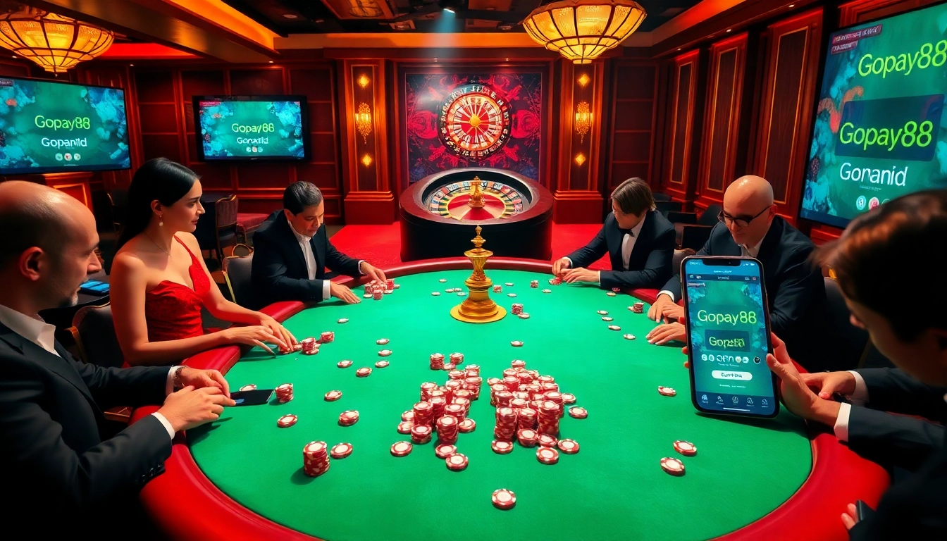 Experience thrilling gaming at Gopay88's high-stakes poker table, featuring luxurious decor and intense gameplay.