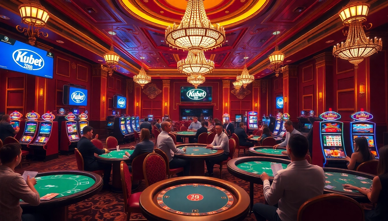 Kubet casino scene featuring players at rich poker tables and vibrant slot machines.