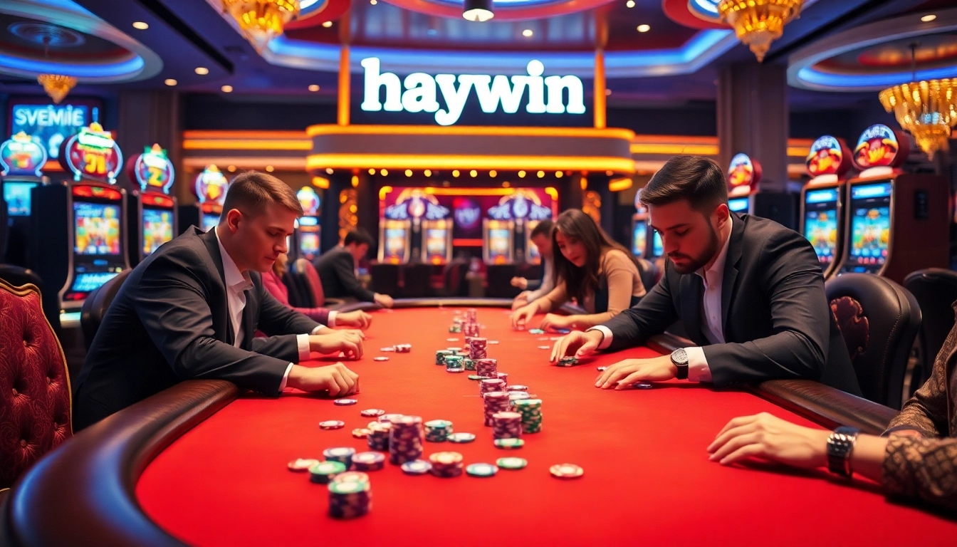 Players competing at a poker table in a vibrant casino atmosphere, showcasing haywin theme with colorful chips.