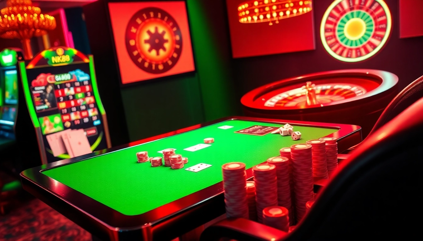 Engage in the thrill of nk88 with vibrant online casino visuals showcasing poker chips, cards, and slot machines.