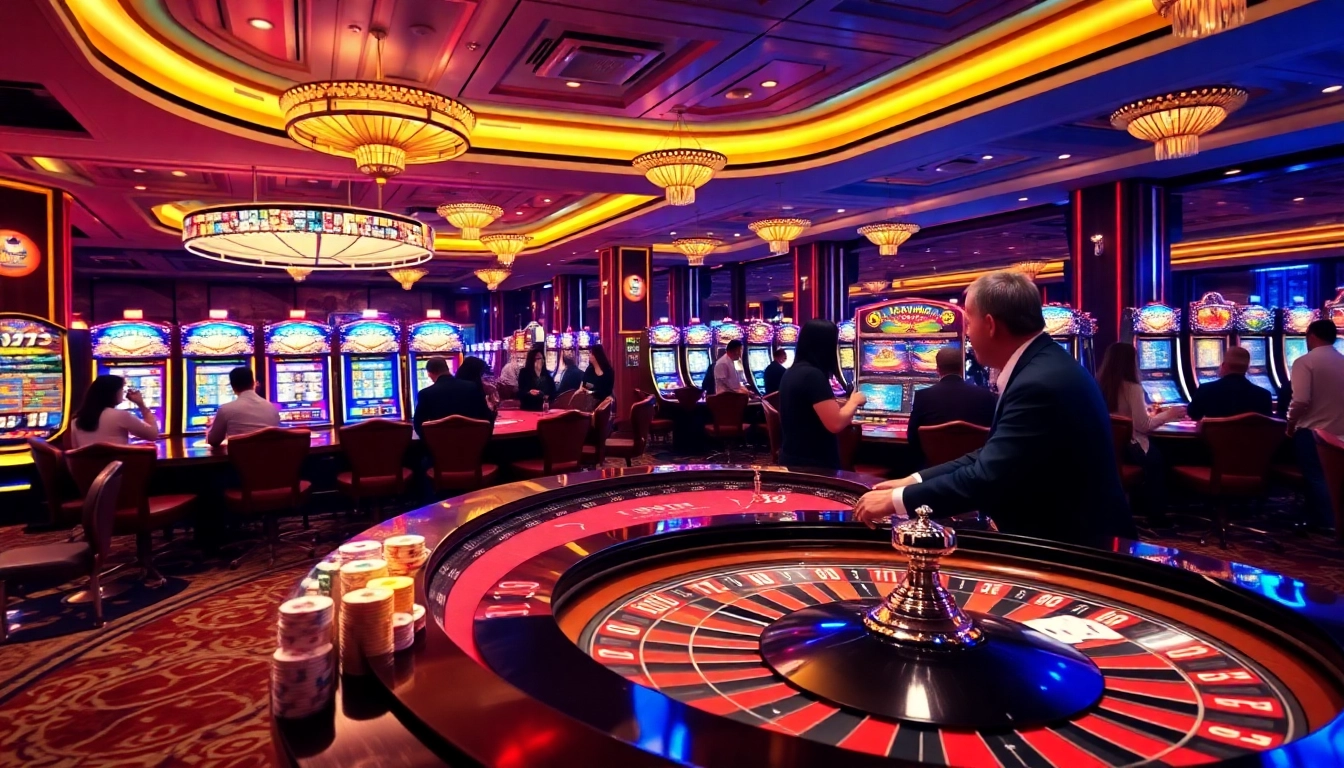 Excited players gaming at bl555.design's luxurious casino scene with vibrant slot machines.