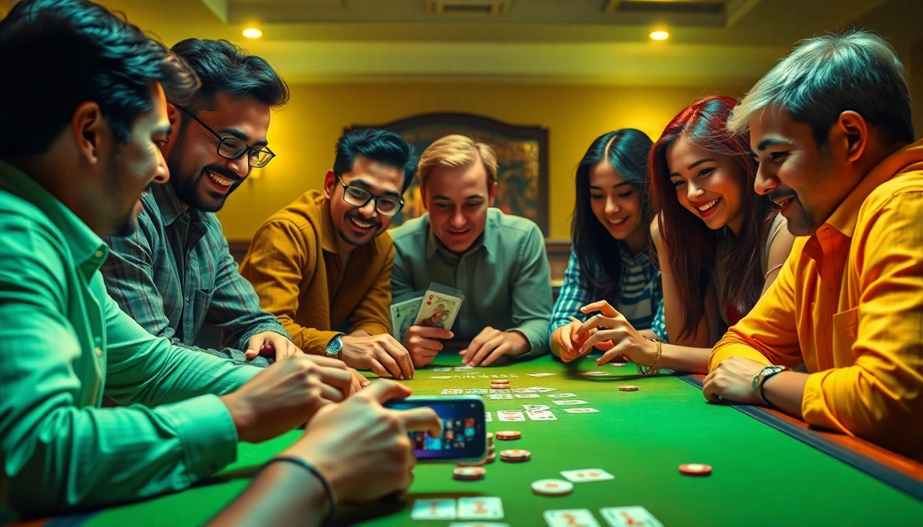 Rummy 91 players engaged in a thrilling card game atmosphere with digital devices.