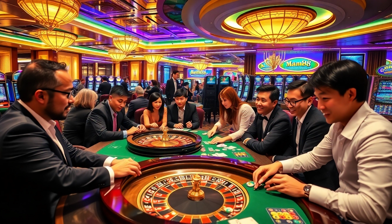 Man88 players enjoying a vibrant casino atmosphere with poker, roulette, and slot machines.