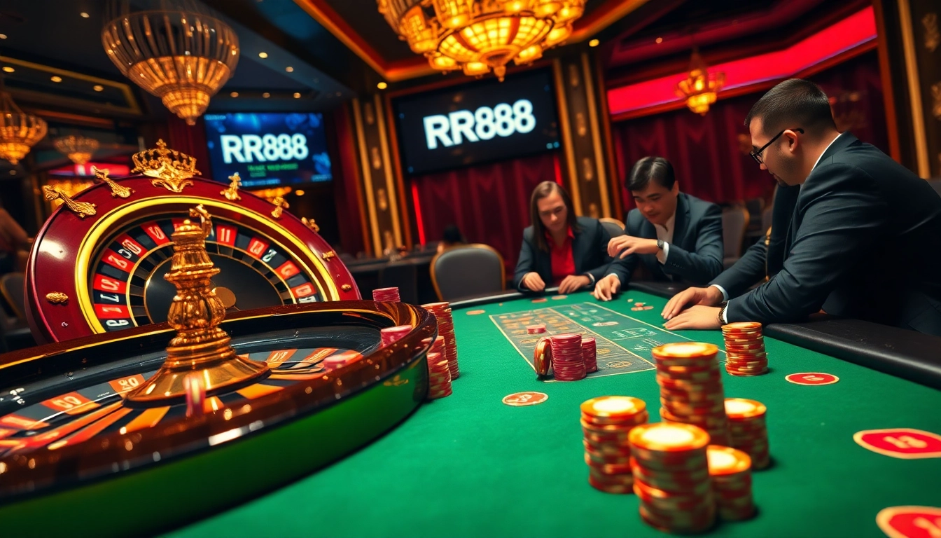 Players enjoy an exciting game at the RR88 casino, featuring vibrant roulette and poker elements.