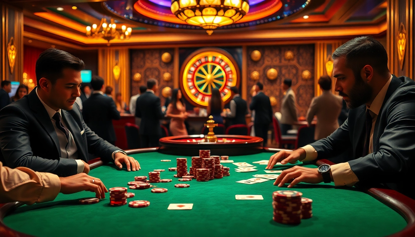Engaging players at nh88 poker table in a luxurious casino setting with roulette wheel.