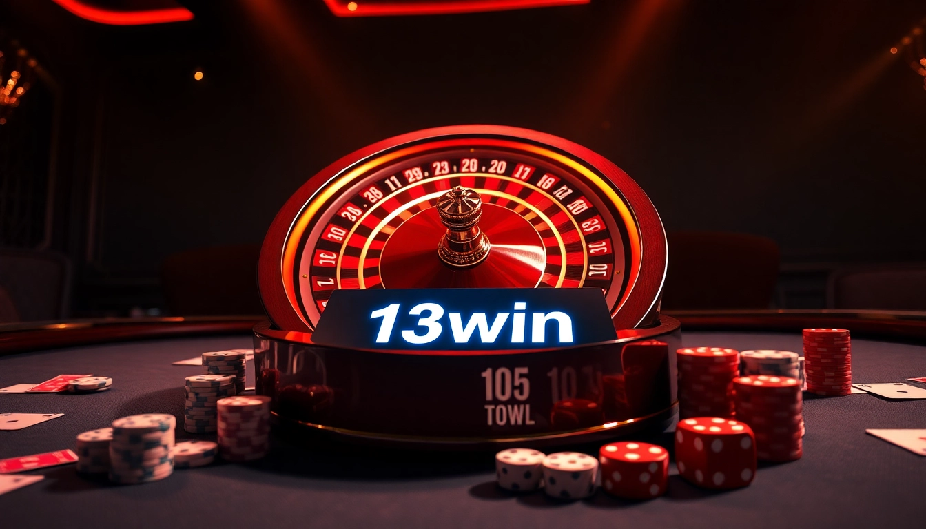 Experience the thrill of gambling at 13win with vibrant casino tables and a roulette wheel.