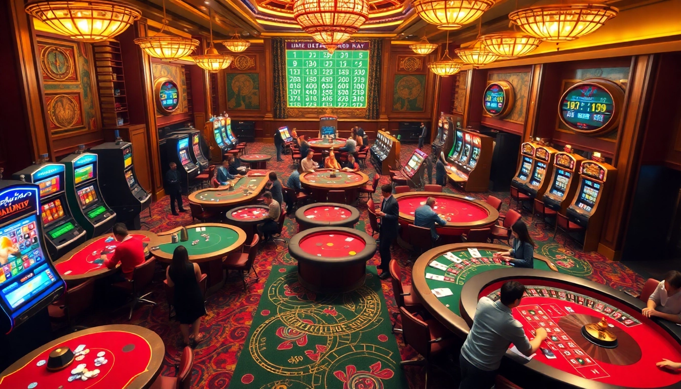 Engaging casino scene highlighting lô kép hôm nay betting strategies with players at roulette and poker tables