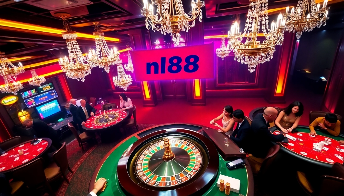 Engaged players at a luxurious casino with nh88 prominently displayed around roulette and poker tables.