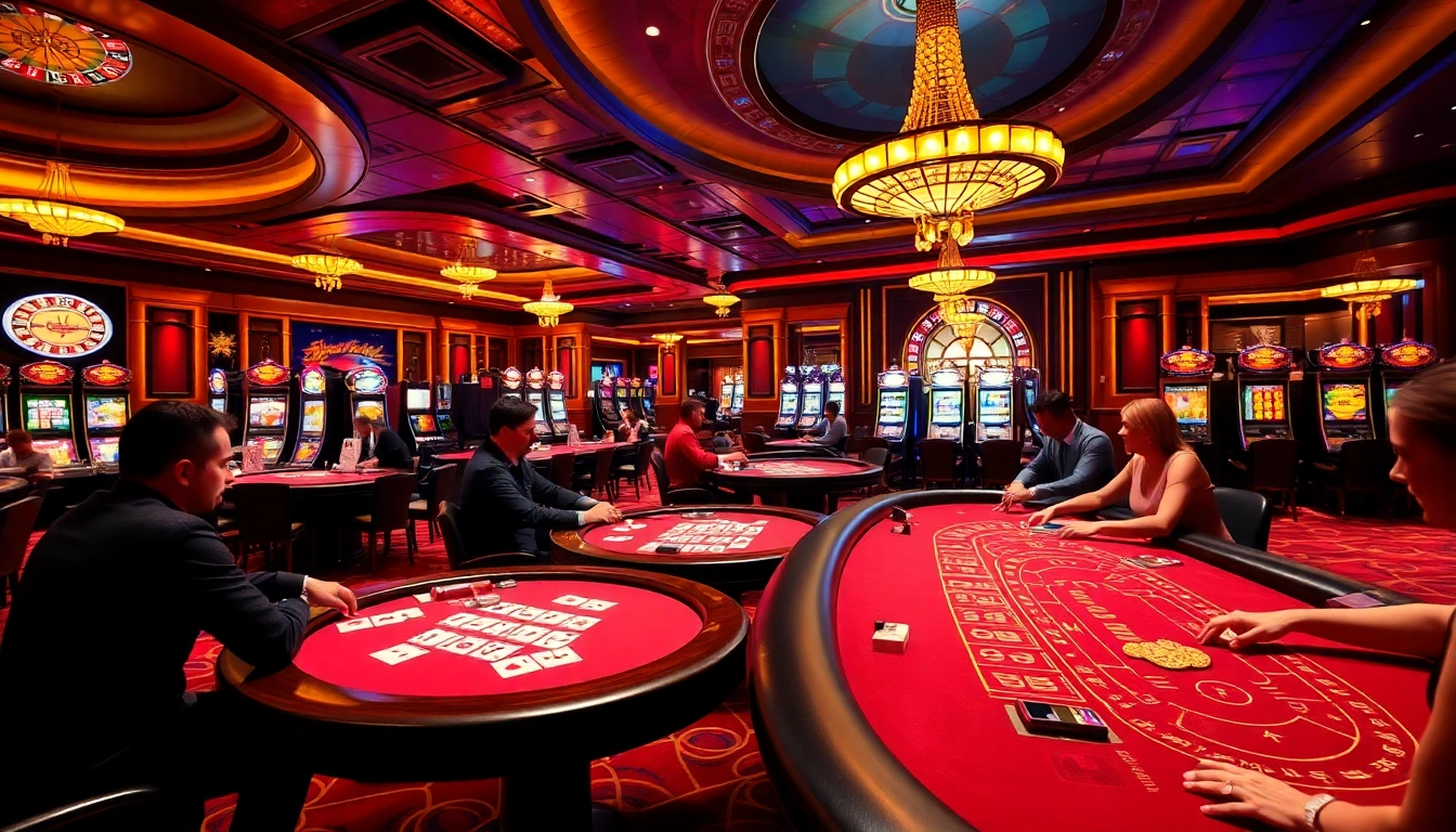 Engaging b52club casino scene with players at poker and roulette tables in an elegant setting.