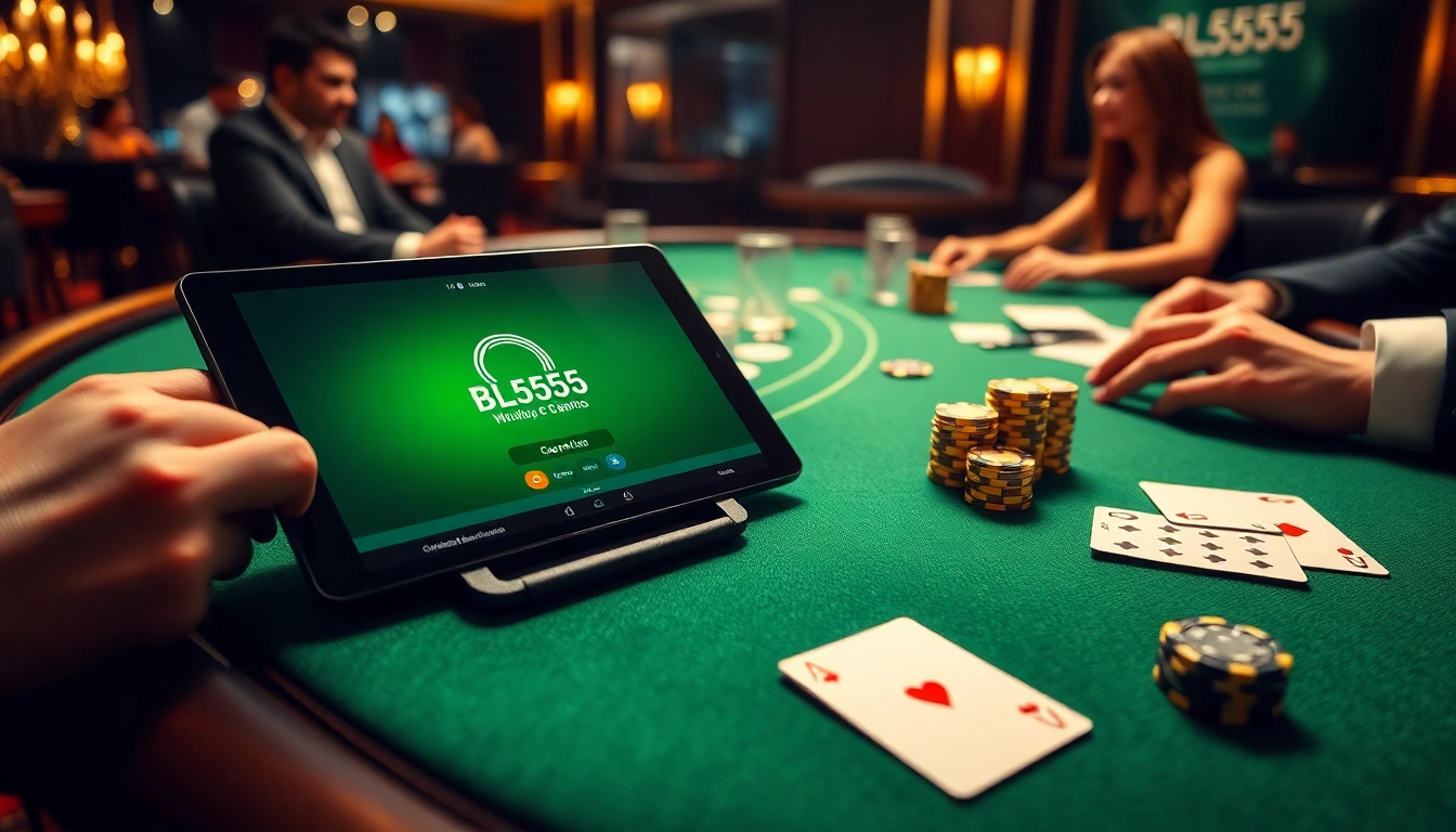 Experience exhilarating gaming at Nhà cái BL555 with vibrant casino tables and sleek poker chips.