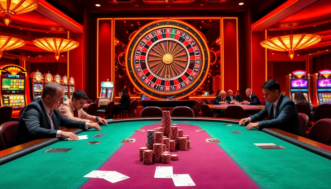 Intense poker play at a luxury casino featuring go8 elements with chips and tables.