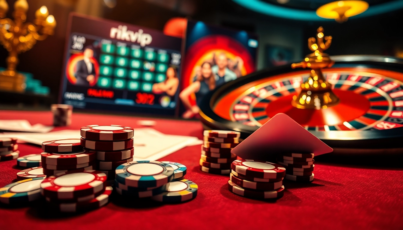 Experience thrilling gameplay with Rikvip in a luxurious casino setting featuring poker chips and cards.