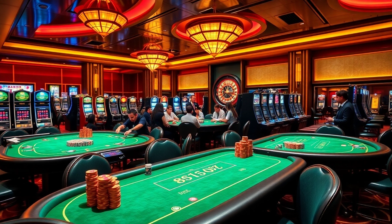 Engage in thrilling gameplay at the luxury casino environment of kk55.group featuring poker tables and slot machines.