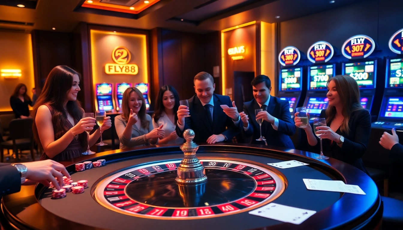 FLY88 players celebrating wins at a vibrant casino table with roulette and poker chips.