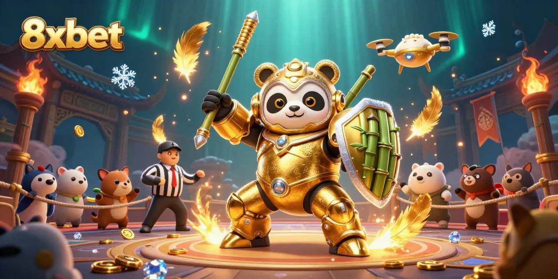 Experience thrilling gameplay at 8xbet with an energetic gaming arena scene featuring a golden panda and bamboo elements.