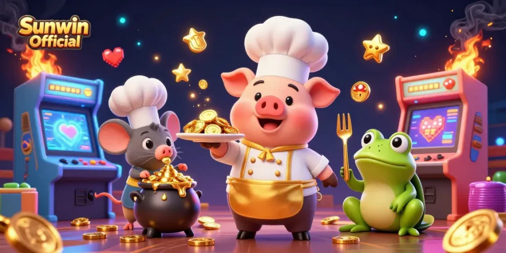 Join the action with Sunwin Official as a chef pig serves gold coins while gaming elements enrich the scene.