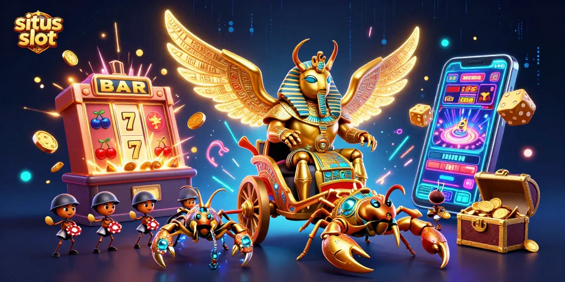 Situs slot menarik dengan karakter kartun 3D cerah dan mesin slot yang meledak dengan koin dan simbol kemenangan.