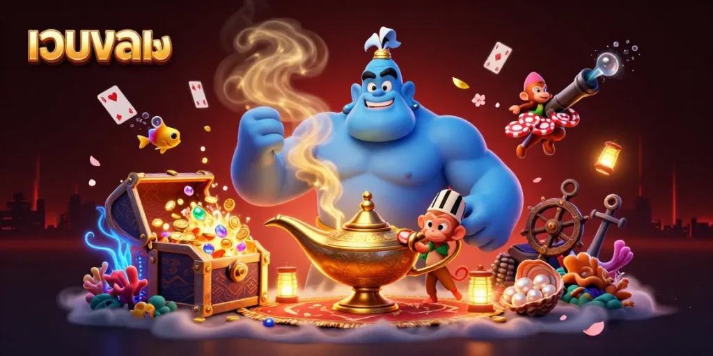 Experience thrilling เว็บบอล action with a genie, monkey, and poker chips in a vibrant casino scene.