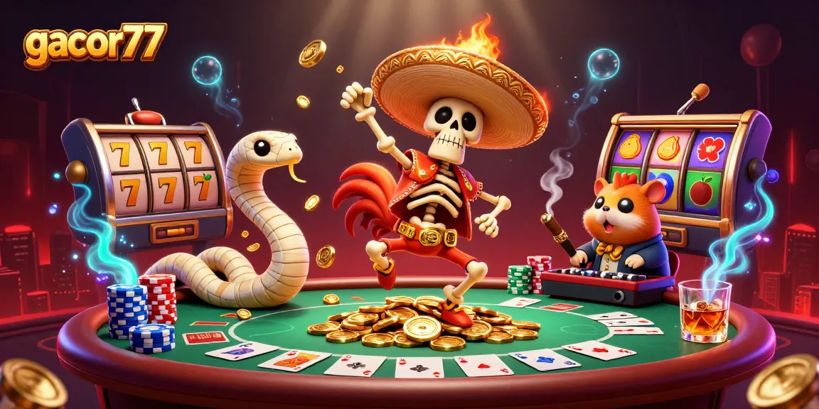 Gacor77 memeriahkan permainan slot dengan gambar karakter kasino yang unik dan menarik.