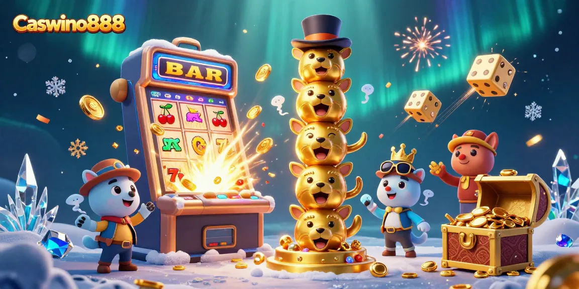 Experience the thrills of Caswino888 with vibrant slot machines and golden totem in a dynamic 3D casino scene.