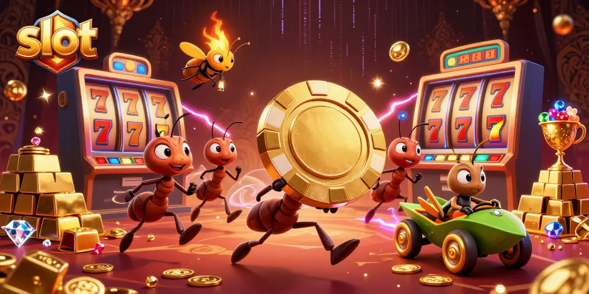 Engaging slot scene with a cartoon ant team heisting a giant poker chip in a vibrant casino