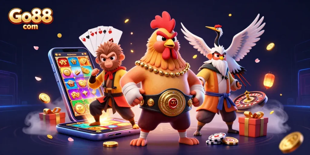 Play thrilling games on Go88 com with vibrant slot reels, dynamic characters and casino elements.
